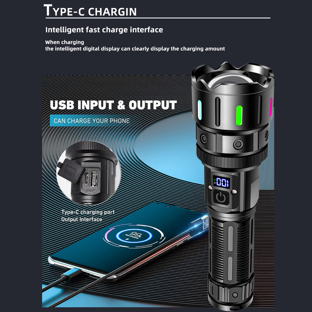 High-intensity flashlight - ultra-bright, long-range, portable white laser rechargeable tactical flashlight for outdoor use