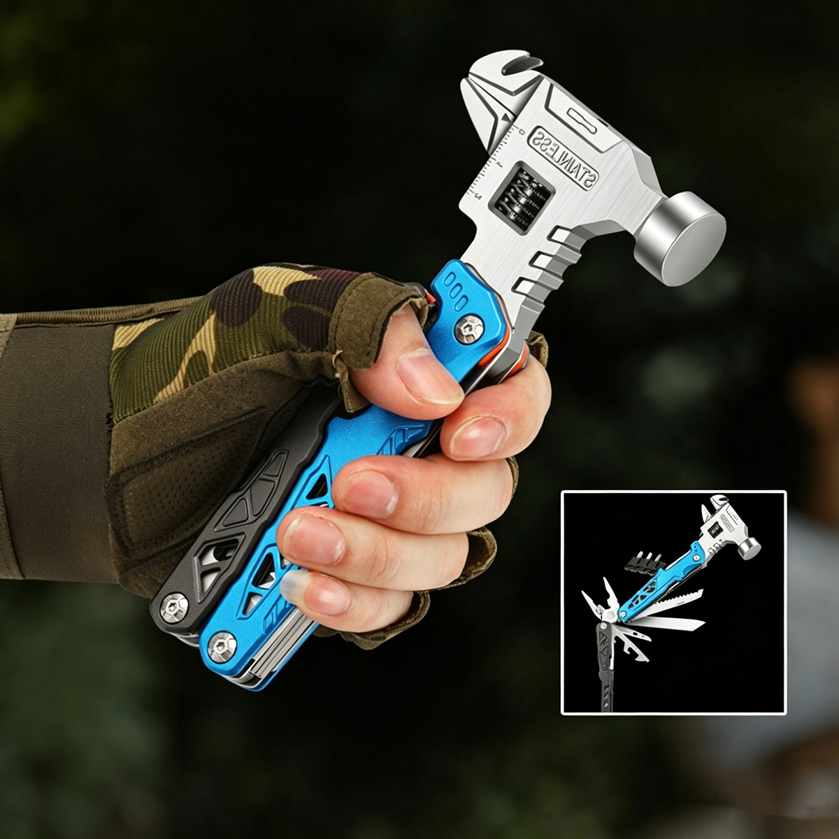 Outdoor camping multi-function round head hammer stainless steel folding nail hammer pliers emergency vehicle combination integrated tool hammer