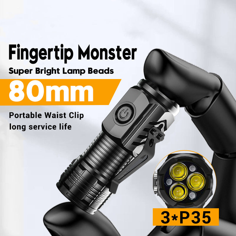 Ultra-bright, portable, rechargeable mini flashlight with long-range beam and extended battery life—"Three-Eyed Little Monster" model.