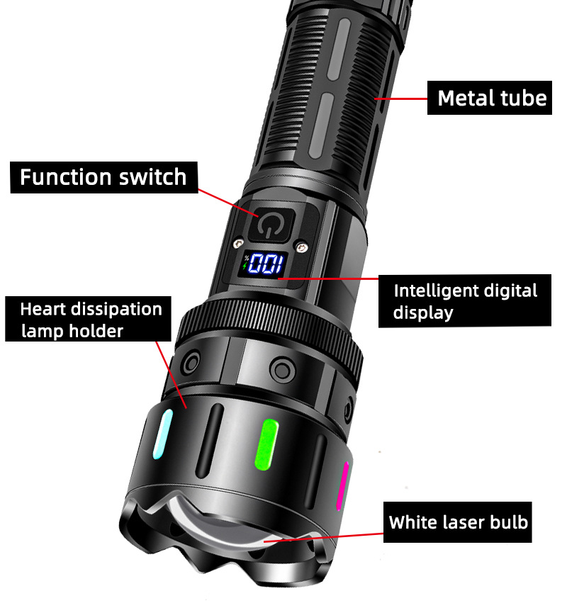 High-intensity flashlight - ultra-bright, long-range, portable white laser rechargeable tactical flashlight for outdoor use