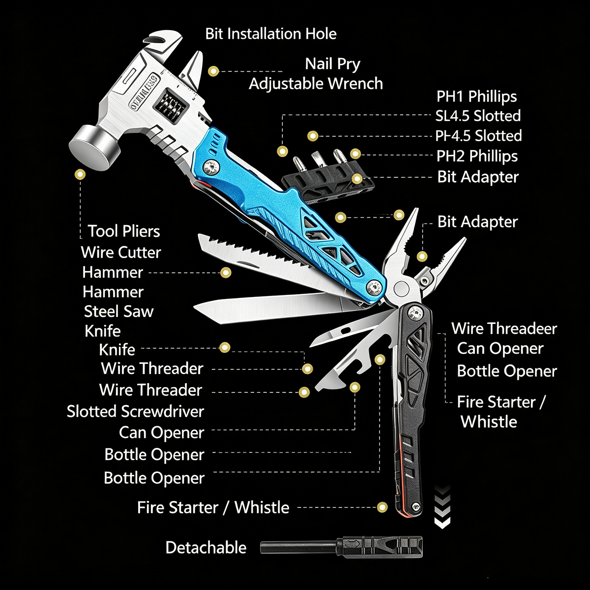 Outdoor camping multi-function round head hammer stainless steel folding nail hammer pliers emergency vehicle combination integrated tool hammer